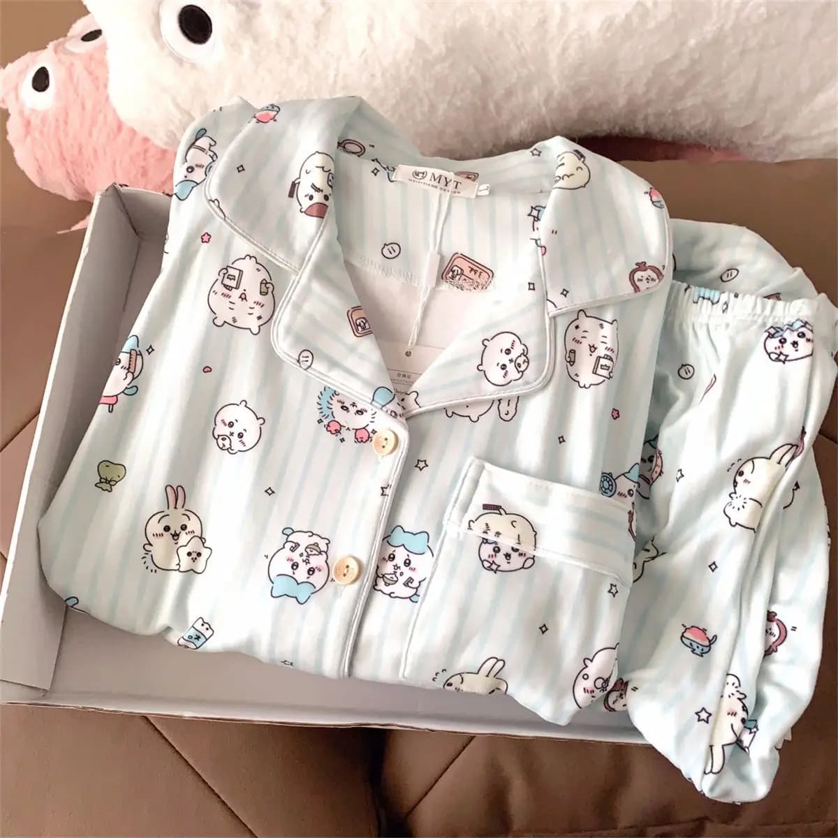 Pigiama Anime Giapponese Y2K Chiikawa da Donna, Primaverile e Autunnale, con Maniche Lunghe e Pantaloni Lunghi, Stile Studentesco Carino, Casual, con Colletto, per Casa