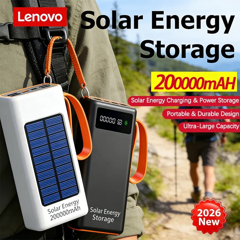 Lenovo Avviatore di Emergenza Solare da 200000mAh, Grande Capacità, Cavi Integrati, Batteria Esterna, Luce LED per iPhone Huawei Xiaomi 2026