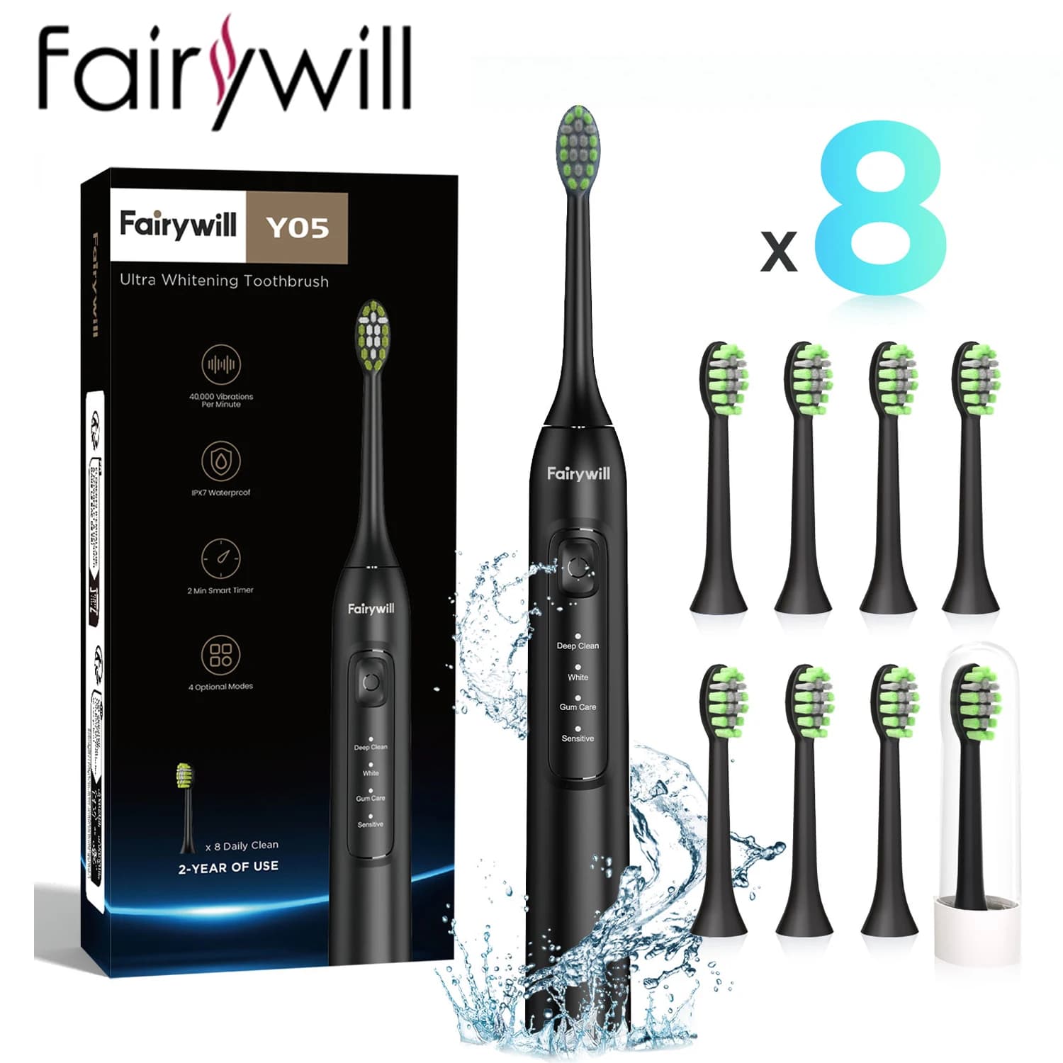 Fairywill Sonic Electric Toothbrush FW-Y05 USB Charge Rechargeable Waterproof Electronic Brushes for Adults Spare heads
