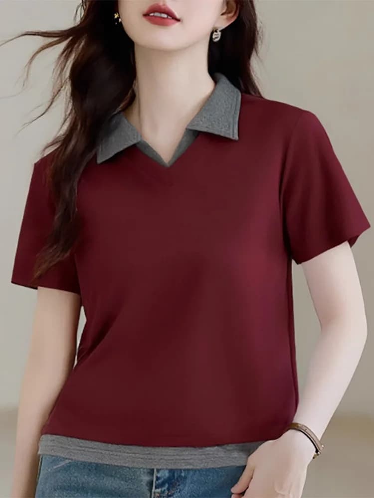 Pure Cotton Shirt Women's Short Sleeve Turn-down Collar Fake Two-pieced Meat Concealing Grey Top Color Block Loose Fit C...