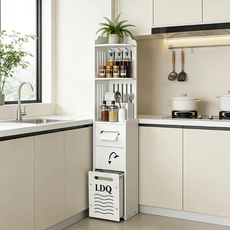 Mobiletto Moderno e Sottile in PVC per Bagno, Organizzatore da Terra Bianco Stretto con Porta Carta Igienica e Cestino Nascosto, Salvaspazio