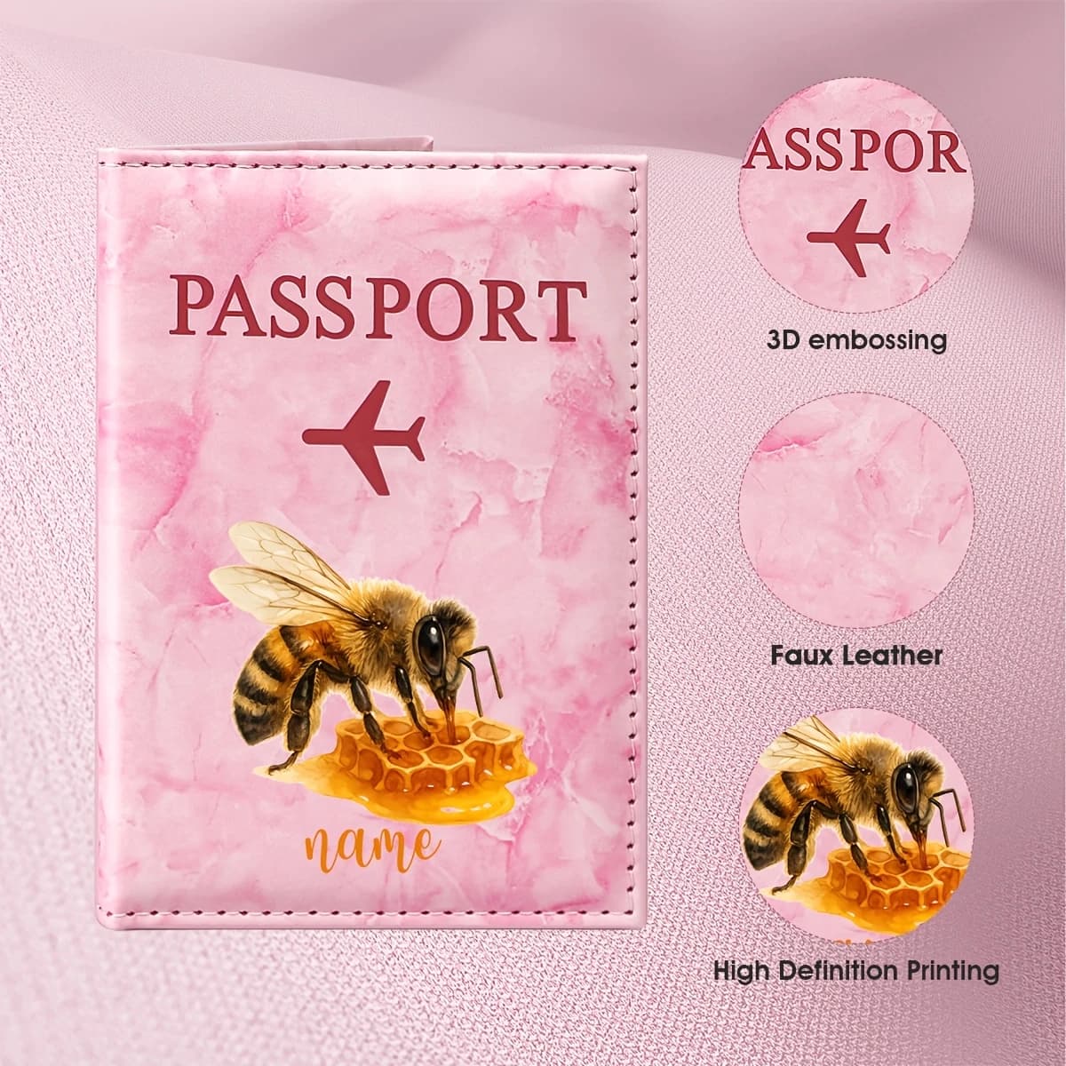 Custom Name Bee Honey Theme Illustration Design PU Passport Holder, Featuring a Natural Bee Gathering Honey Scene Paired