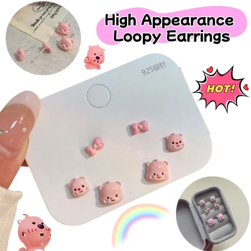 2026 New Pink Loopy Cartoon Cute Stud Earrings, Anime Creative Unique Playful Stylish Versatile Jewelry Accessories for Women