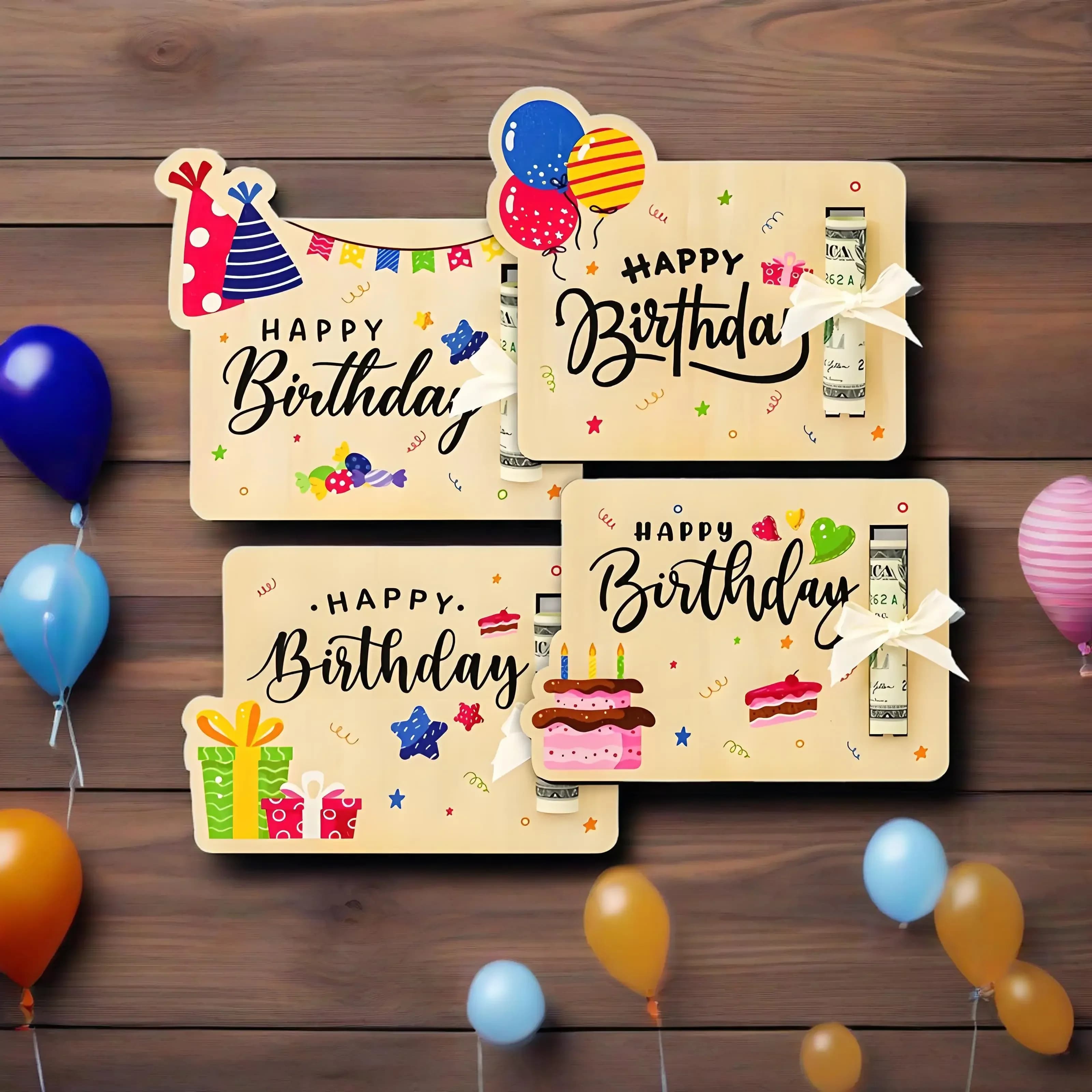 2026 New model Latest Models 4Pcs Wooden Money Gift Holder Creative Cash Wallet Birthday Card Decor Party Supplies