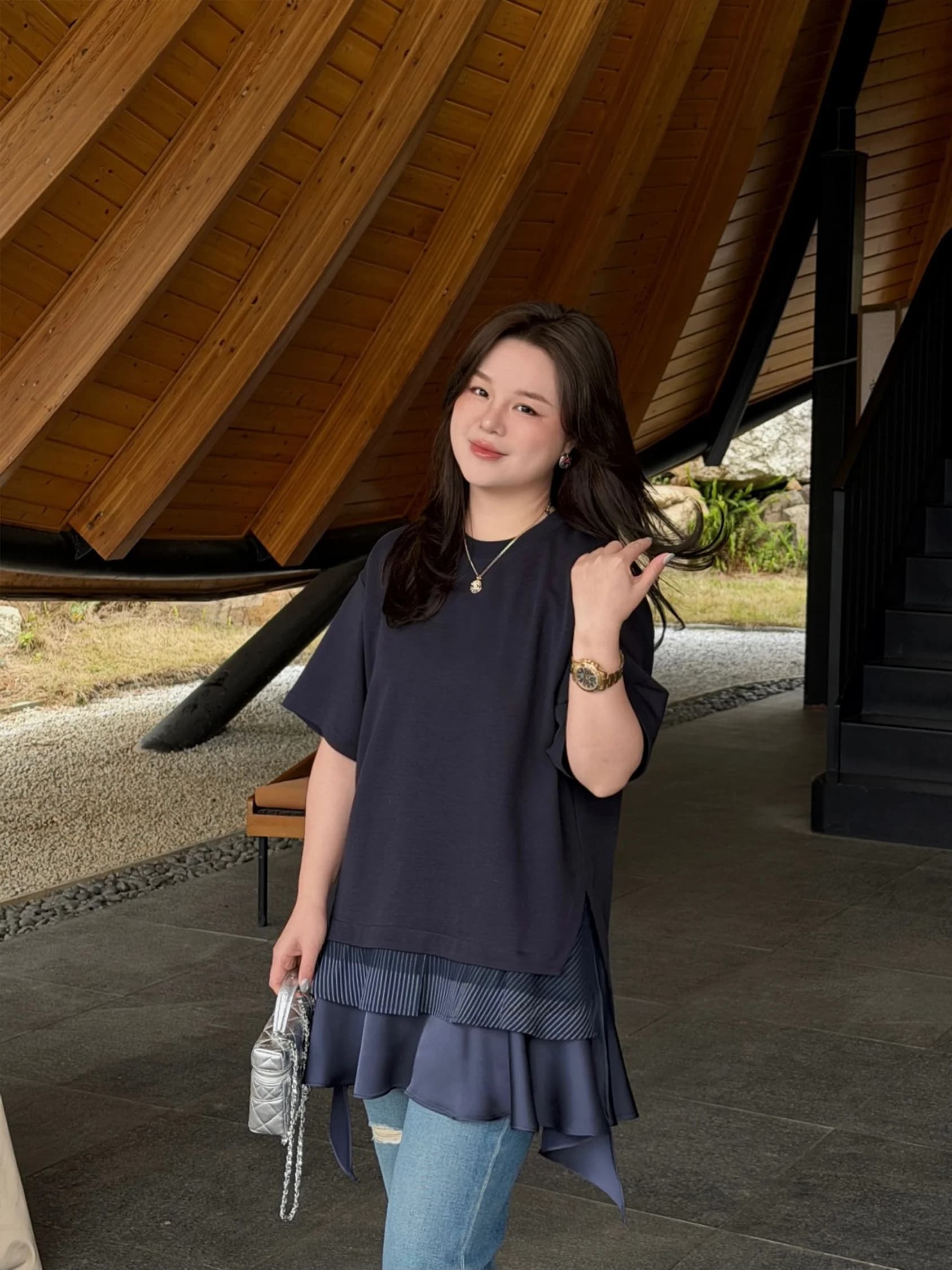 Heavy-Weight Splicing Short-Sleeve T-Shirt Women's Casual Style Standard Fit round Neck Cotton Blend Fabric Mafknn MaKen Brand