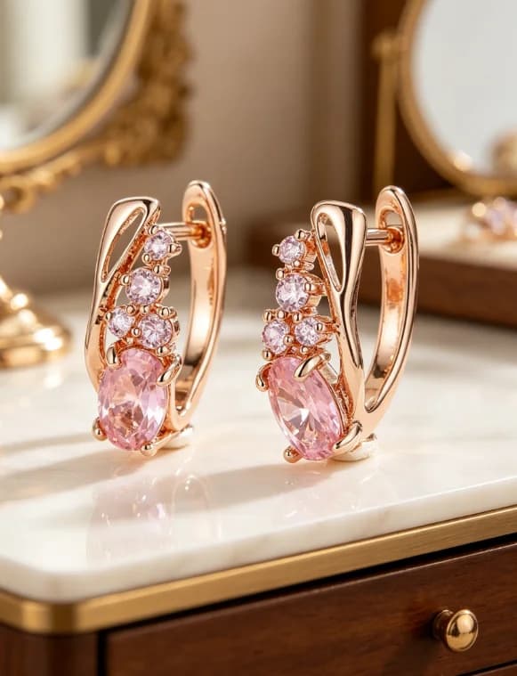 Rose Gold Oval Pink Zircon Huggie Earrings Multi Small Round Crystal Hoop Earrings Elegant Wedding Party Jewelry for Women