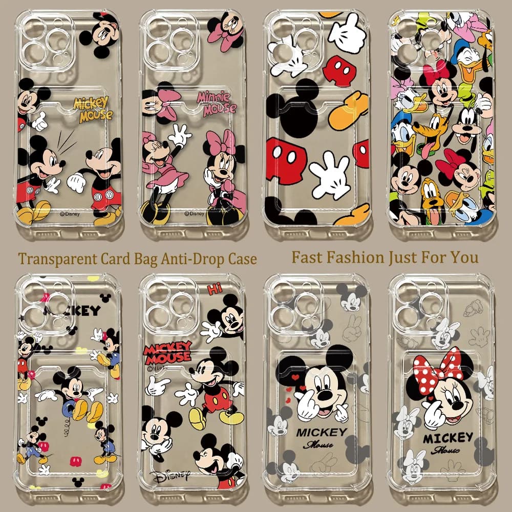 Card Hold Case For iPhone 17e 17 16e 16 15 14 13 12 11 Mini Pro Max Air Plus Anti-fall Clear Cover Cute Cool Mickeys Minnies
