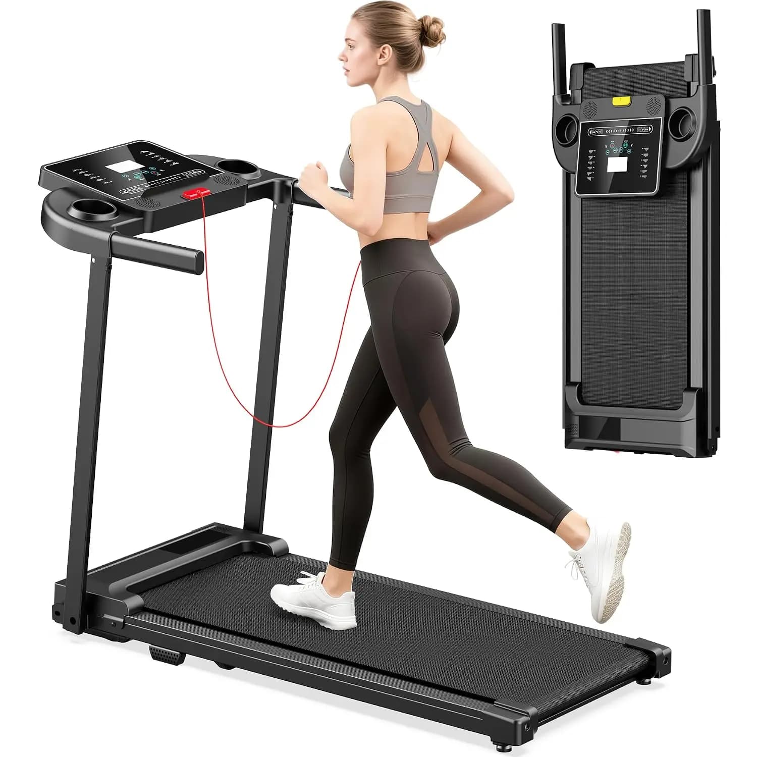 Quiet Foldable Home Walking Pad Treadmill with Handle Bar & LED Display Screen, Compact Portable Electric Running Belt; Ideal for Indoor Jogging, Walking & Gym Daily Training