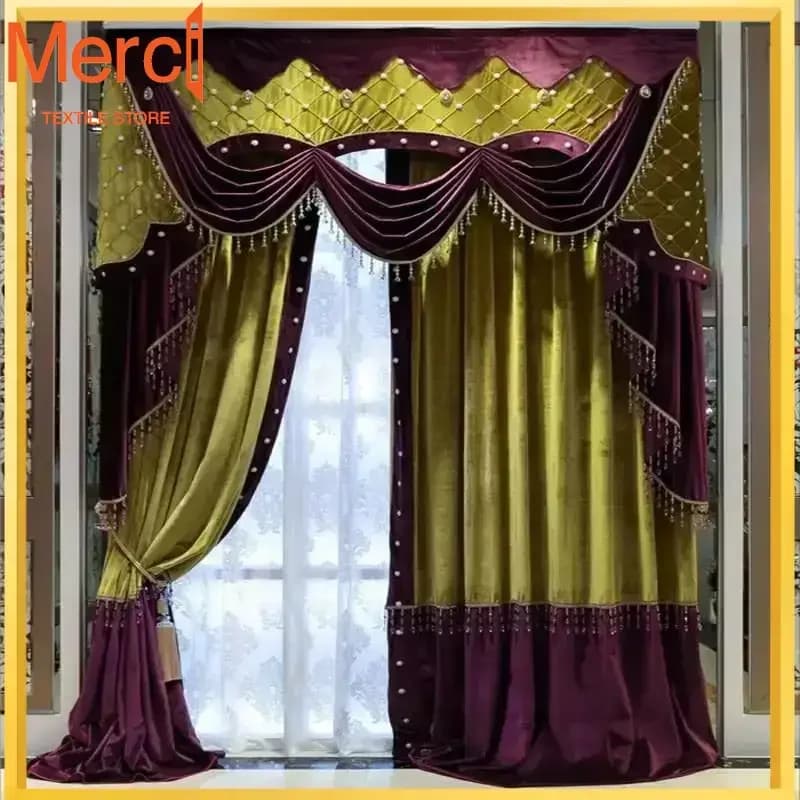 White Beads Purple With Yellow Patchwork Curtains For Hotel Hall Curtain Classic Elegant Living Room Curtains Nice New Bedroom