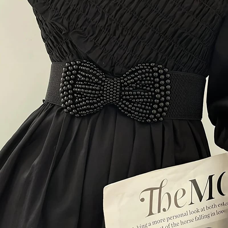 2024 Women's Elastic Wide Belt Waist Covers With Pearls Versatile Dress Decoration Brown Belt With High Quality Wide Pearl Bow
