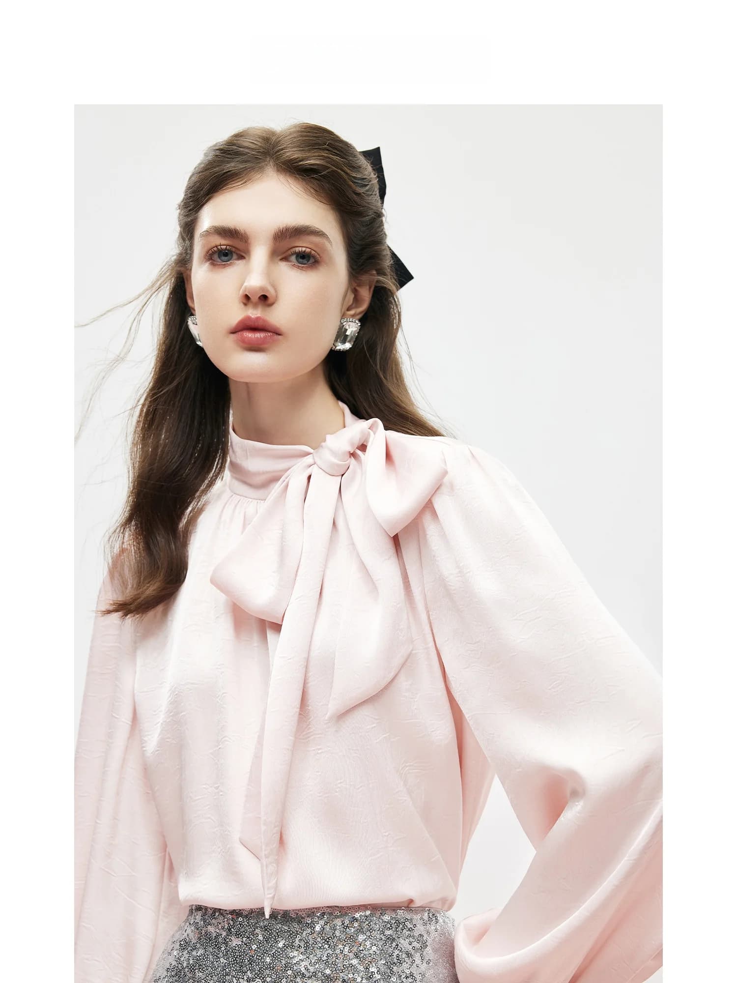 Elegant Long Sleeve Shirt Women's French Style Bow Tie Stand Collar Blouse Pink Autumn Fashion Ladies' Top