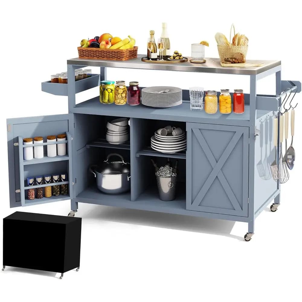 Isola da Cucina per Esterni con Carrello Grill in Acciaio Inossidabile, Carrello Porta Legna su Ruote, Armadietto Contenitore, Porta Spezie e Porta Asciugamani per Barbecue