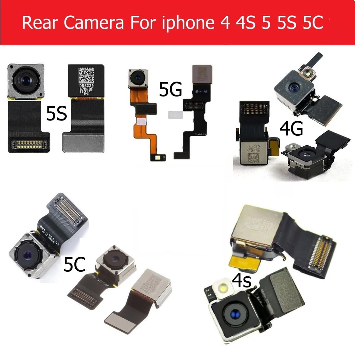 Fotocamera posteriore principale originale per iPhone 4 4s 5 5s 5c Fotocamera posteriore con cavo flessibile rivolto verso il modello Parti di telefoni cellulari testata al 100%