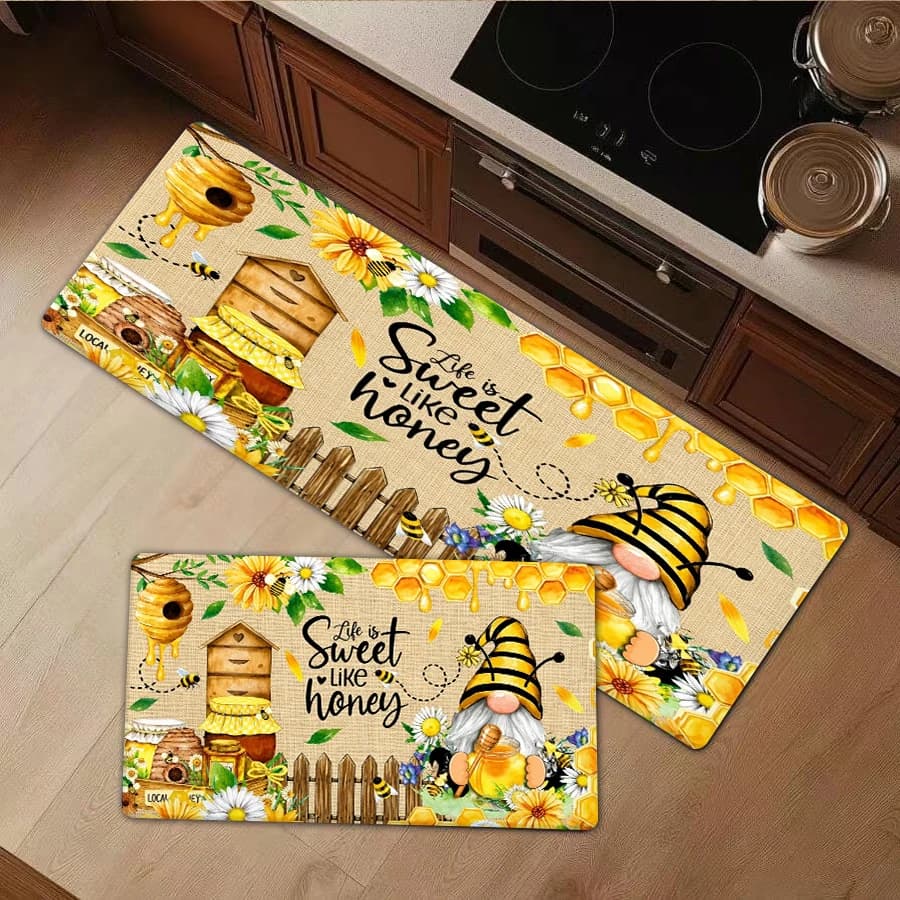 1/2/3Pcs Flannel Kitchen Mat—Bee Sunflower Gnome Floor Mat Life Is Sweet Like Honey Area Rug Flannel Carpet Home Decor Door Mat Kitchen Bathroom Living Room Rug—Soft,Comfortable,Suitable For Bathroom,Bedroom,Kitchen,Laundry Room