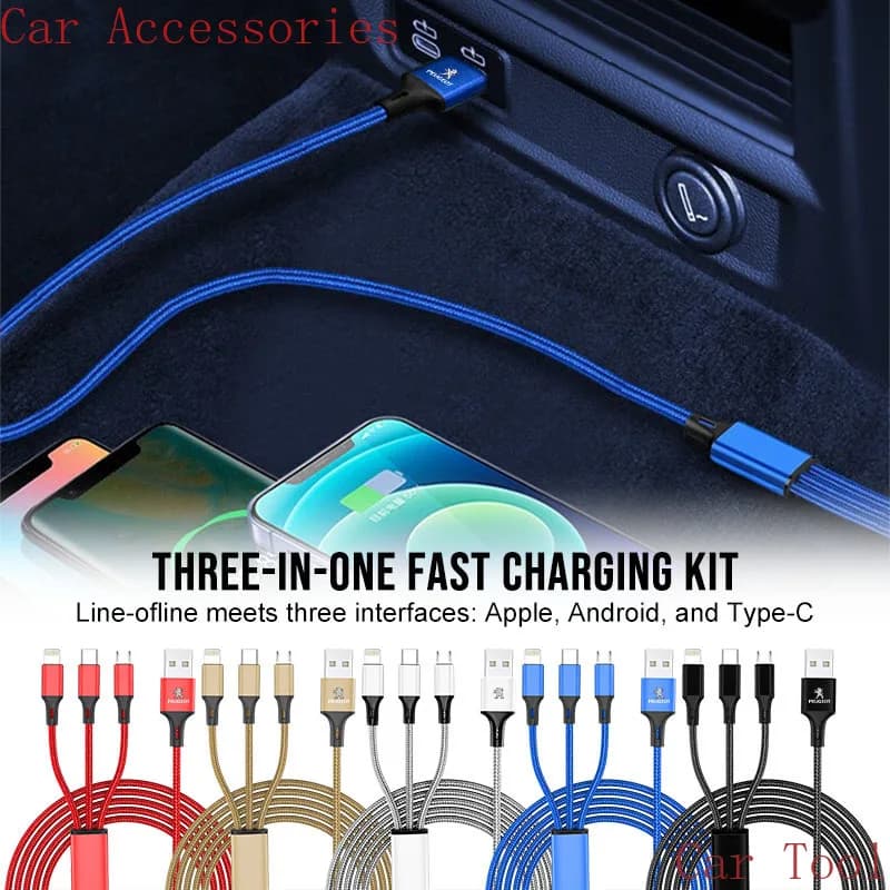 Cavo di ricarica rapida 3 in 1 con emblema auto (Type C, Lightning, Micro USB) per tappi coprimozzo Peugeot 208, 207, 3008, 2008, 508, 407, 301, 406