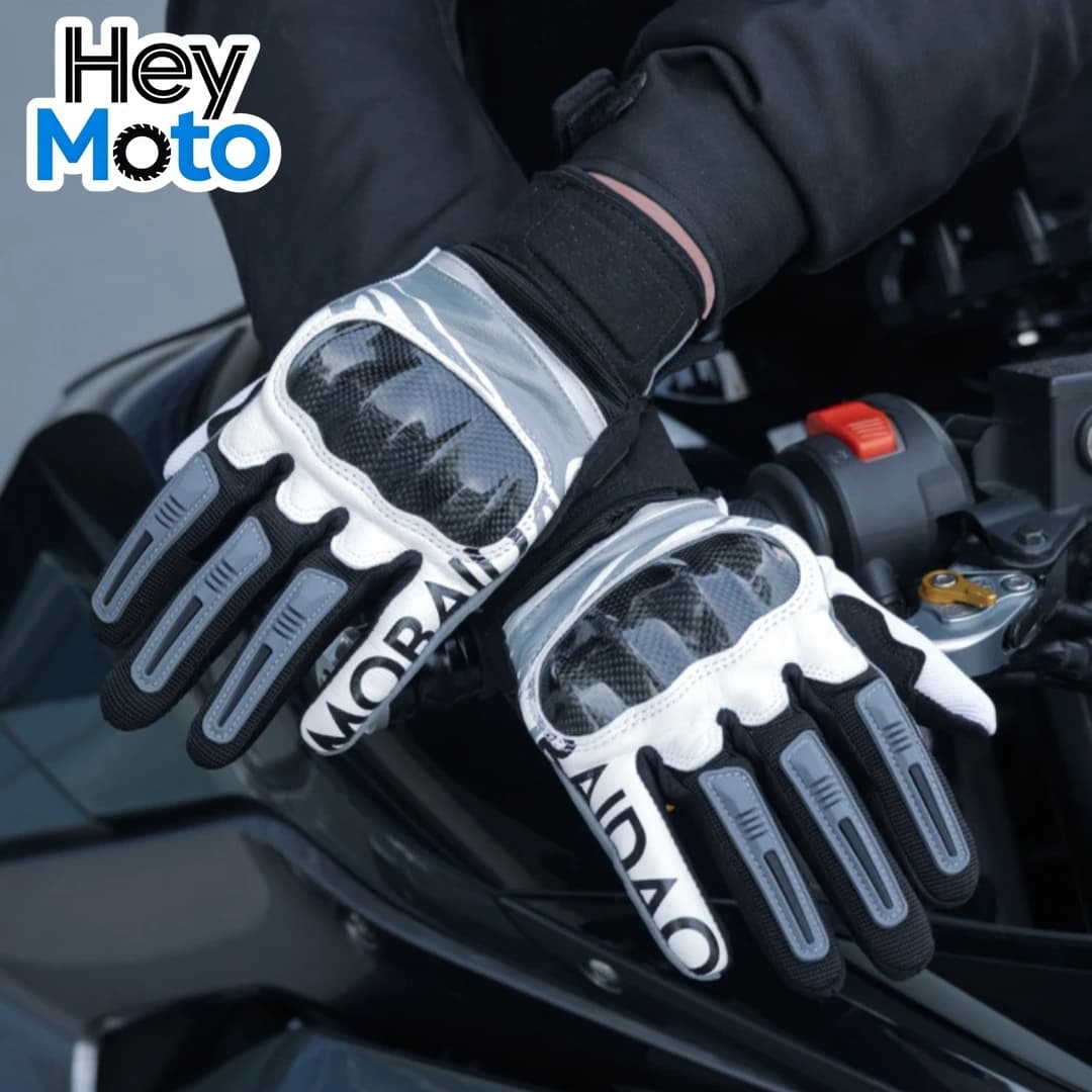 Guanti da Moto Estivi Traspiranti in Pelle, Guanti da Motociclista con Dita Intere, Touch Screen, Fibra di Carbonio, Antiurto e Antiscivolo