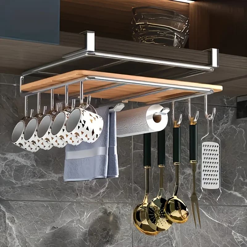 Stainless Steel Hanging Kitchen Storage Rack with Hooks Paper Towel Holder Utensil and Cutting Board Organiz