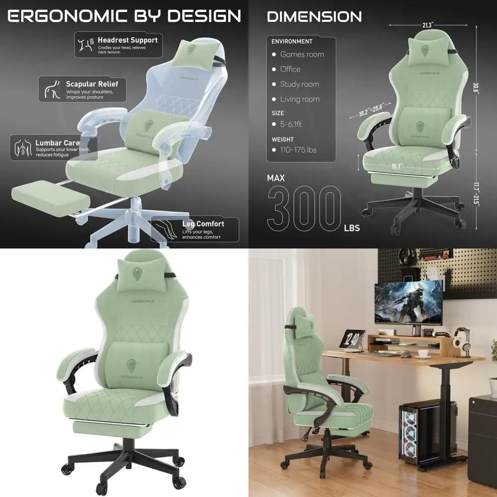 Sedia da Gaming Ergonomica con Cuscini a Molla, Supporto Lombare e Poggiapiedi per Persone Alte e Robuste, Verde