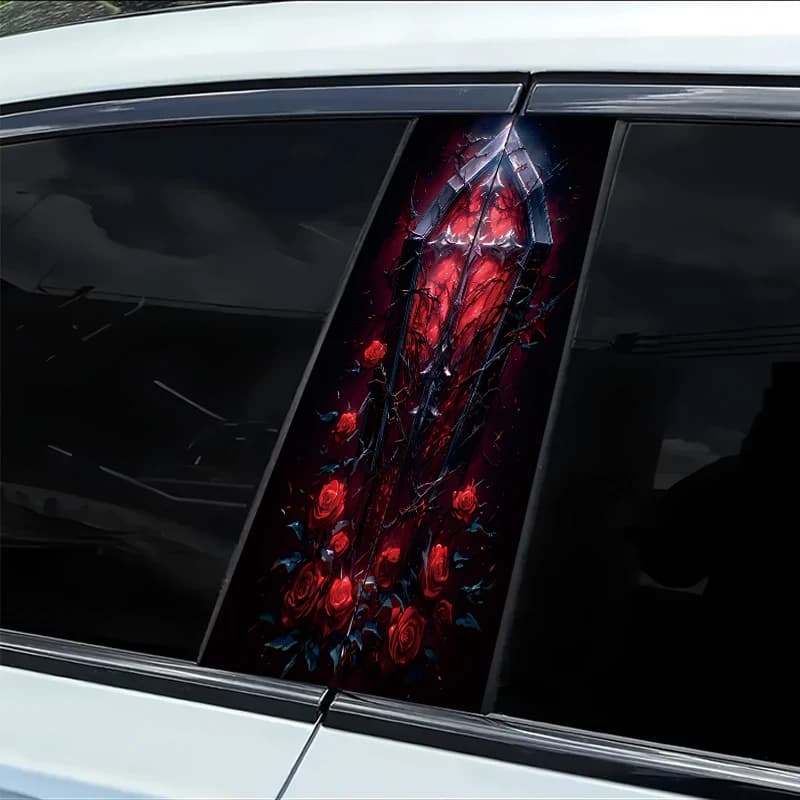 2 car B mount stickers, gothic frame with cross and red blood light, protective film in scratch resistant smooth material