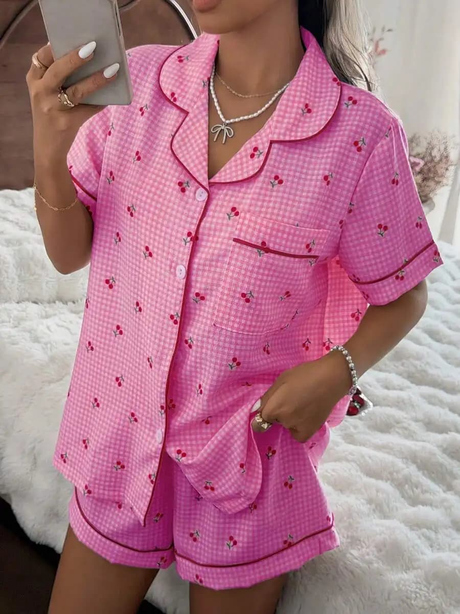 Pink Gingham Cherry Print Shirt Collar Short Sleeve Pajama Set For Women