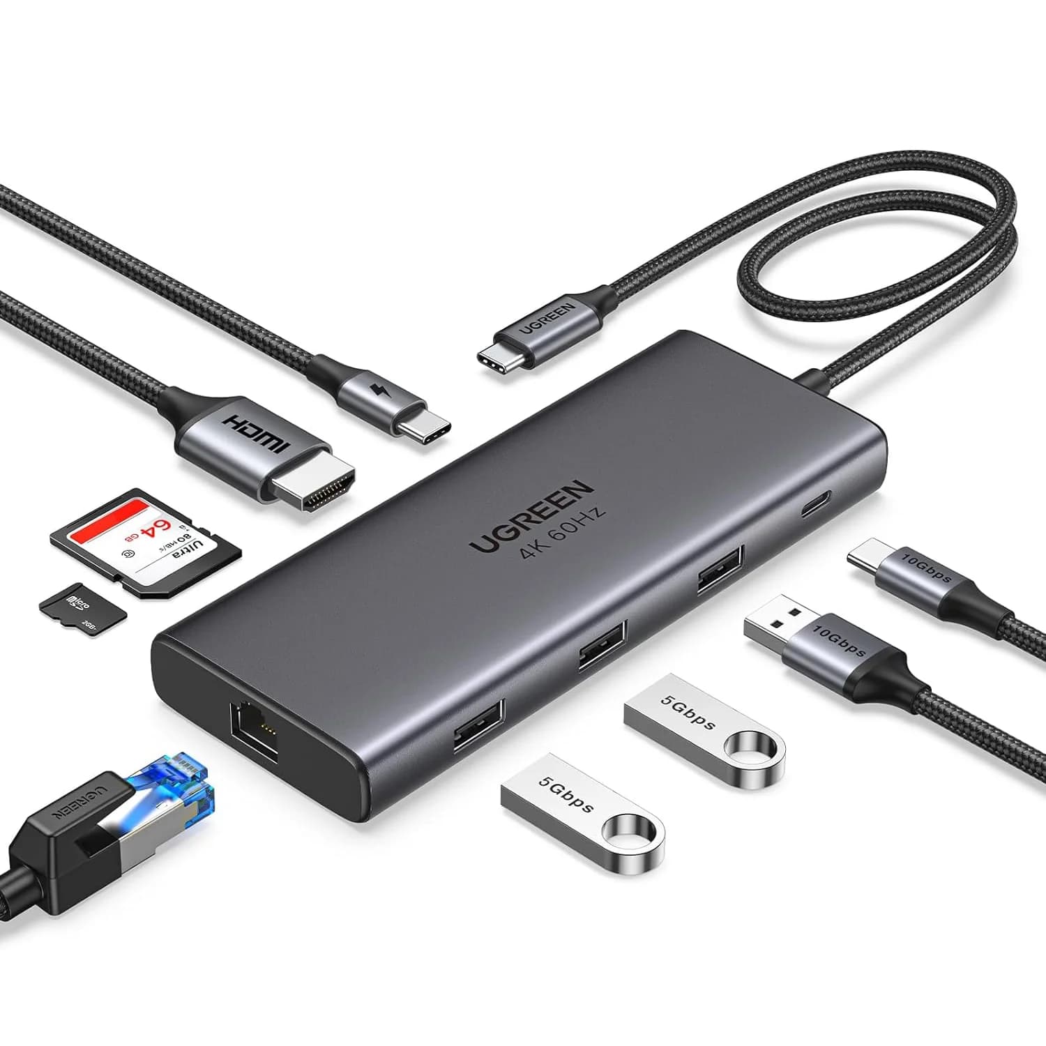 UGREEN Revodok Pro 109 USB Hub C 9 in 1 10 Gbps USB C 3.2 and USBA 3.2 4K-HDMI, 100 W power supply, SD/TF card reader