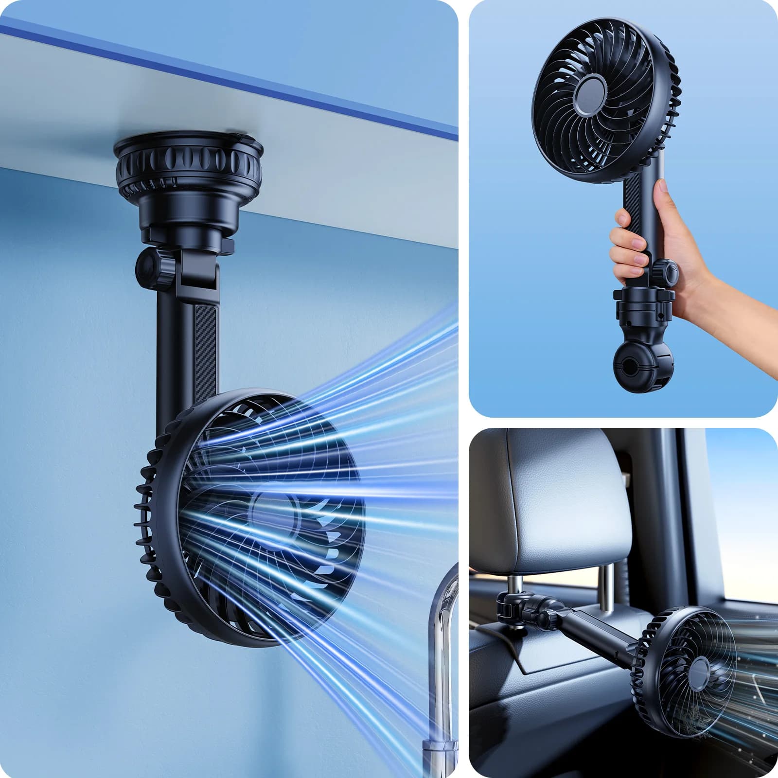 Hipacool Ventilatore da Auto 5000mAh con Parasole e Ventola per Poggiatesta, Modalità di Utilizzo con Ventosa e Morsetto, Ventole Completamente Regolabili per Auto, Casa, Ufficio