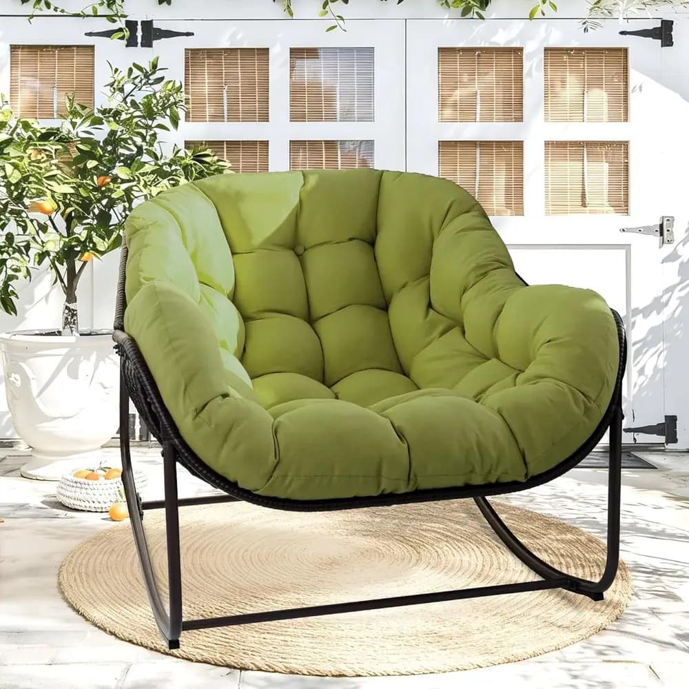 Papasan Rocking Chair Indoor & Outdoor, Oversized Egg-Shaped Papasan Rocker with Cushion & Pillow, All-Weather Wicker Patio Loun