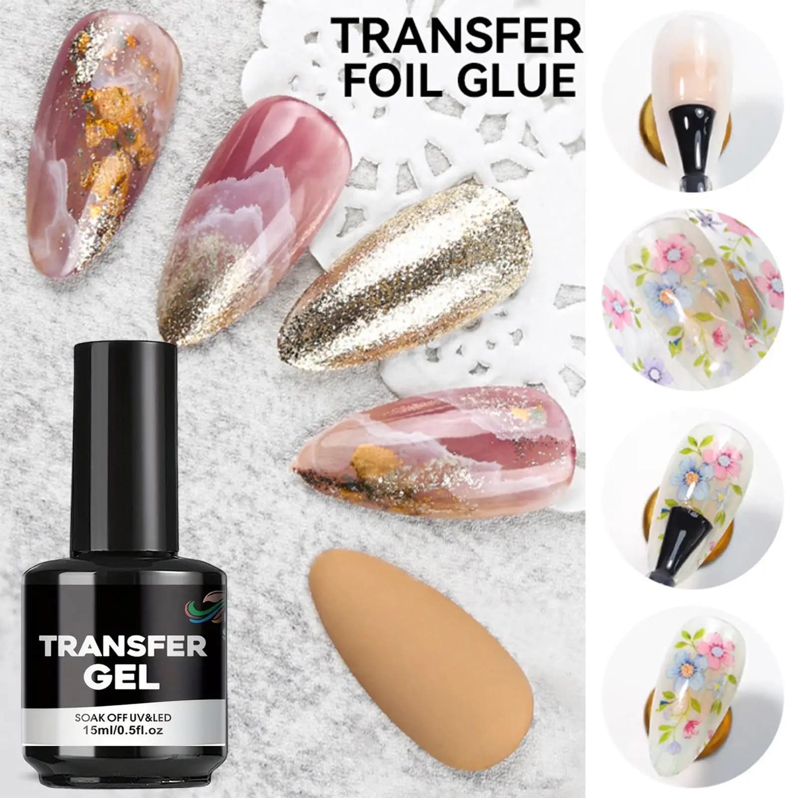 Gel per Trasferimento Unghie 15ml, Adesivo Forte per Unghie, Gel Adesivo per Trasferimento Fogli di Lamina per Unghie, per Principianti e Bellezza Femminile