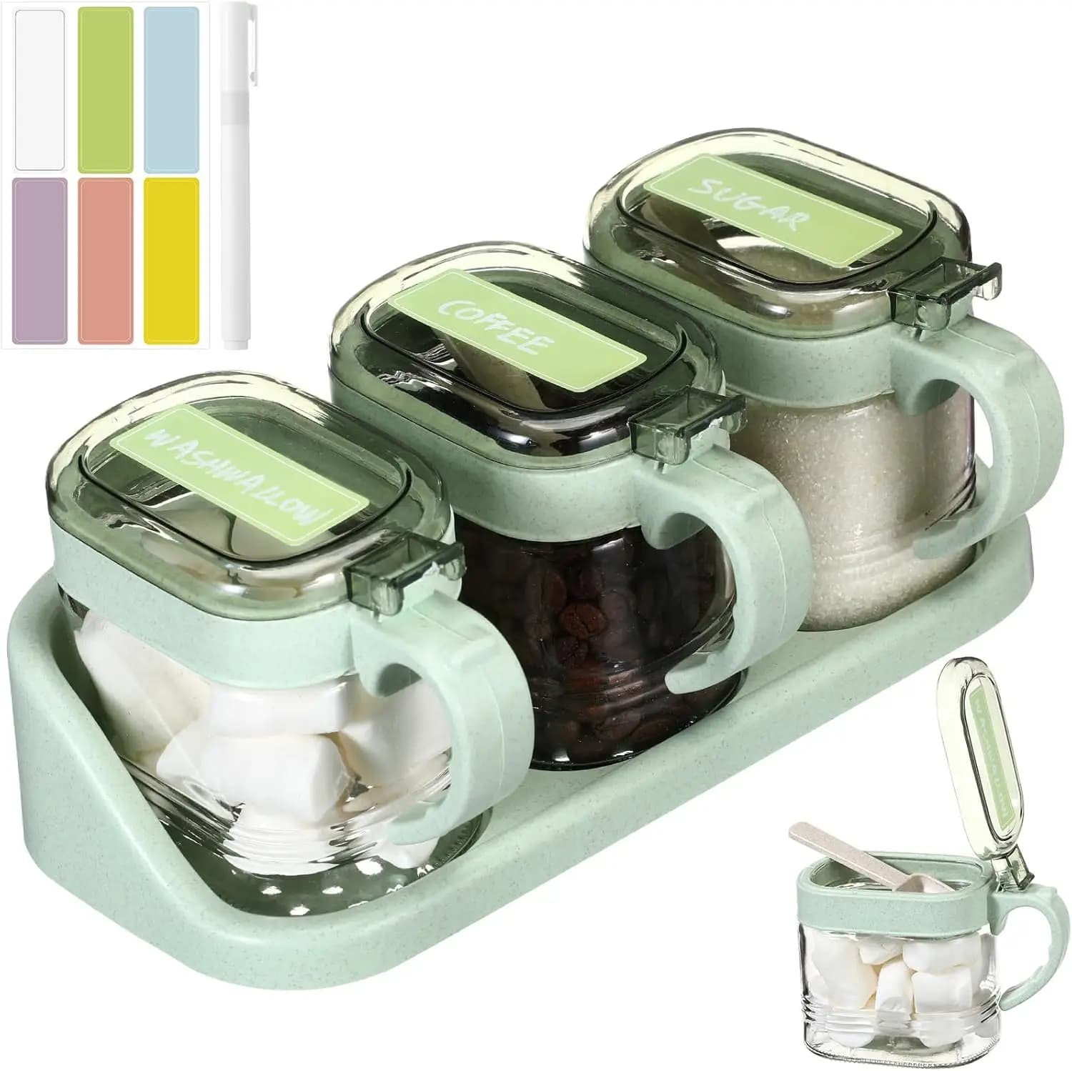 Set di 3 Barattoli in Vetro da 16oz per Spezie con Coperchi e Cucchiai, Contenitori da Cucina per Zucchero/Avena/Noci, Set di Contenitori in Vetro per Alimenti