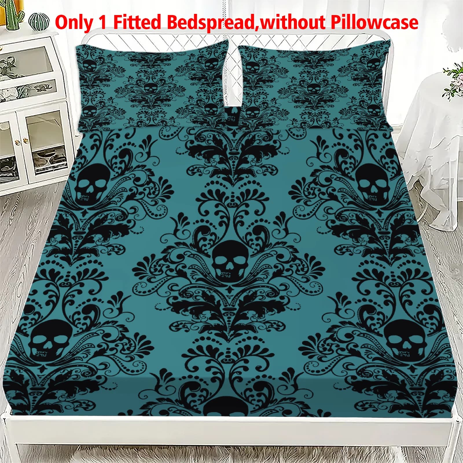Set Lenzuolo e Federa con Design Floreale Teschio Verde - 1 Pezzo, 100% Poliestere, Stampa Digitale, Traspirante per Tutte le Stagioni