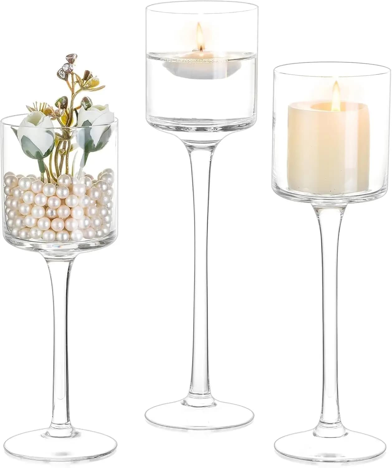 Portacandele Alti in Vetro: Set di 3 Pezzi per Candele Galleggianti, Ideali per Matrimoni, Feste e Decorazioni Domestiche