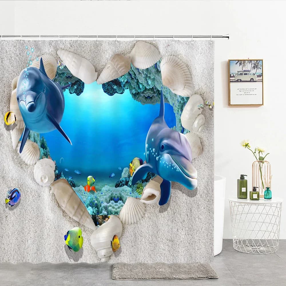 Tenda da Doccia Impermeabile in Poliestere con Delfini e Animali Marini, Decorazione per Bagno con Pesci Carini, Ganci Inclusi
