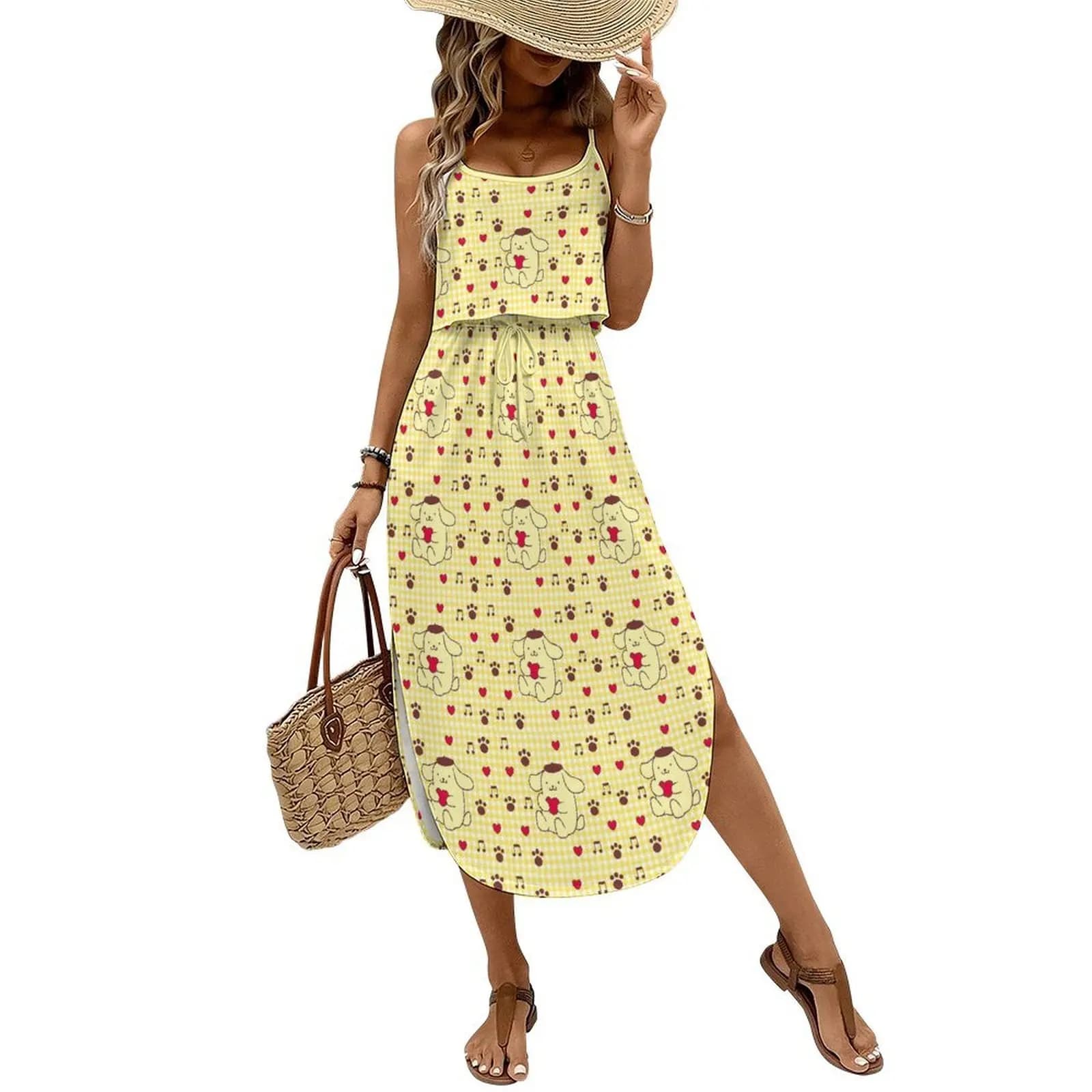 Abito Pompompurin da Donna, Vestito Sanrio con Spalline, Abito Midi con Spacco Laterale, Vestito Sexy alla Moda