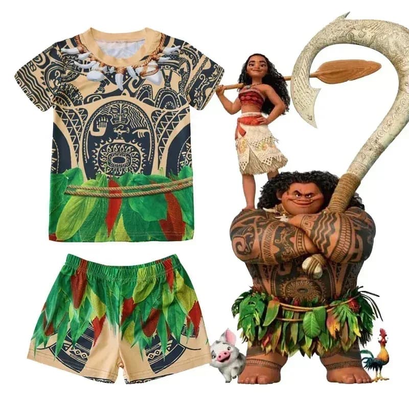 72th Anime Costume Children's Swimwear Short sleeves Moana Tattoo Cosplay Maui Shirt Shorts Swimwea Bath Head