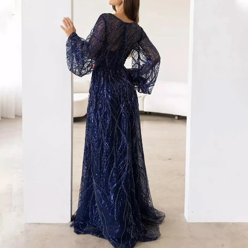 Abito da sera a vita alta in rete con paillettes alla moda Abito da donna sexy con scollo a V a maniche lunghe Abito elegante a pieghe in tinta unita