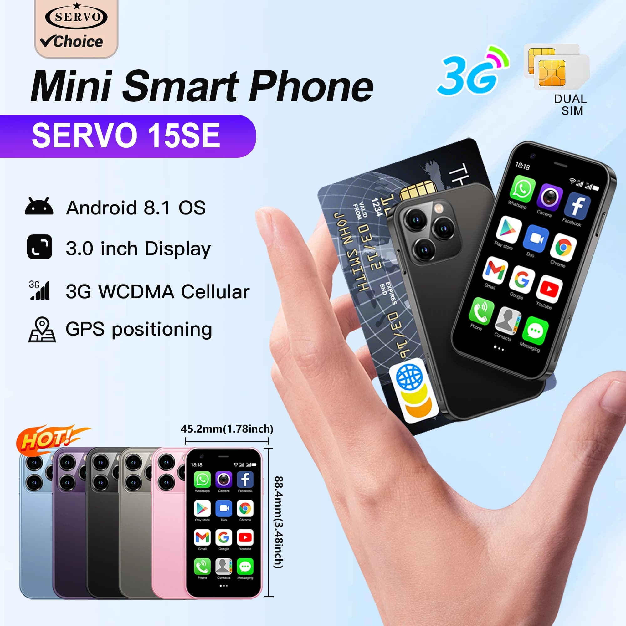 SERVO Smartphone Android Mini 3G WCDMA, Display HD da 3 Pollici, 2GB+16GB, Dual SIM, Telefono Cellulare Portatile Compatto, WIFI, GPS, Play Store