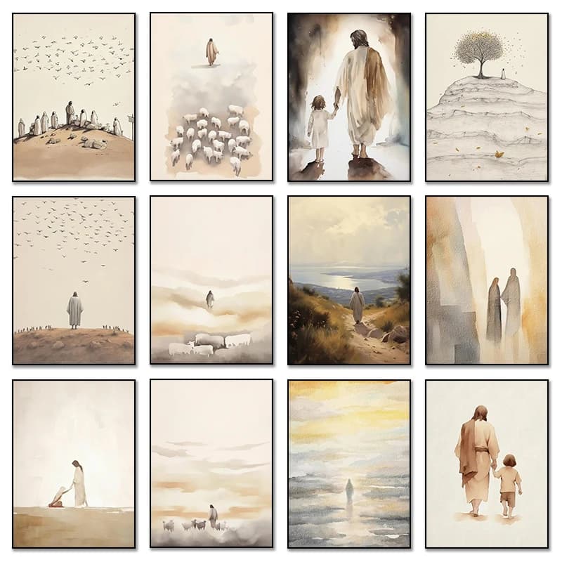 Watercolor Christianity Jesus Sheep Kids Back Shadow Poster Print Canvas Printing Wall Art Picture for Living Room Nursery Decor