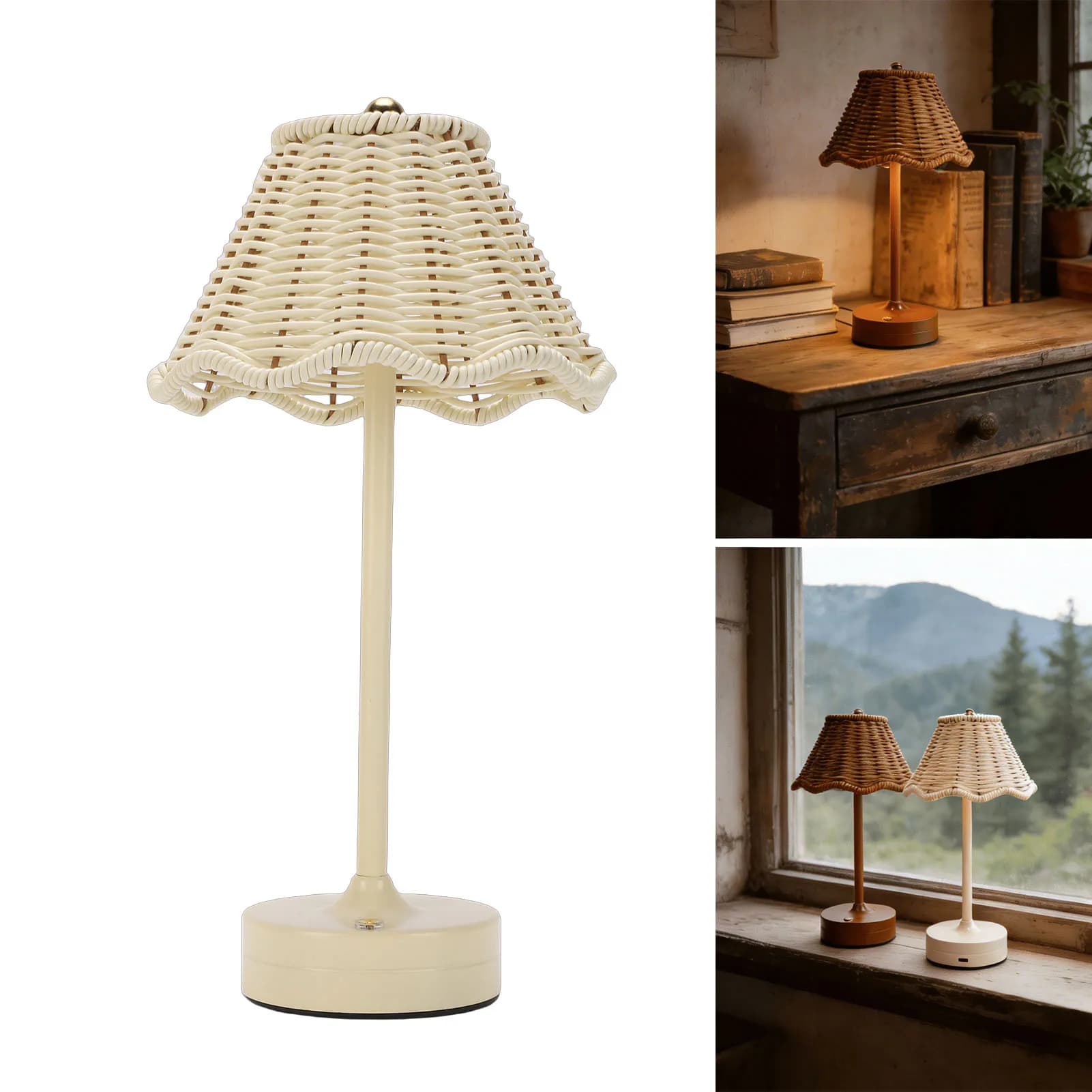 Lampada da Tavolo Vintage in Rattan LED, 3 Colori, Senza Fili, Paralume in Vimini, Luce Notturna da Comodino con Luminosità Regolabile per Camera da Letto