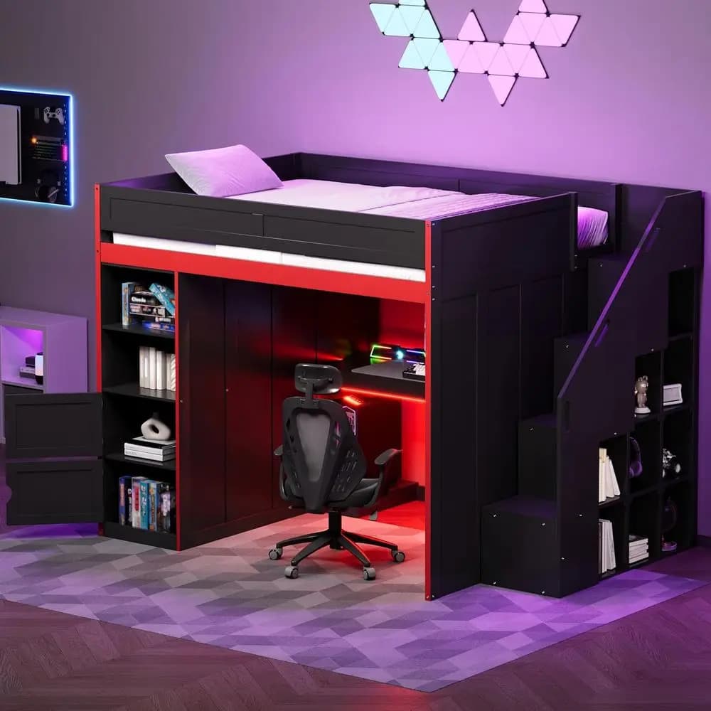 Letto a soppalco nero per gaming con scrivania, luci LED, armadio e spazio contenitore per bambini, ragazzi e adulti