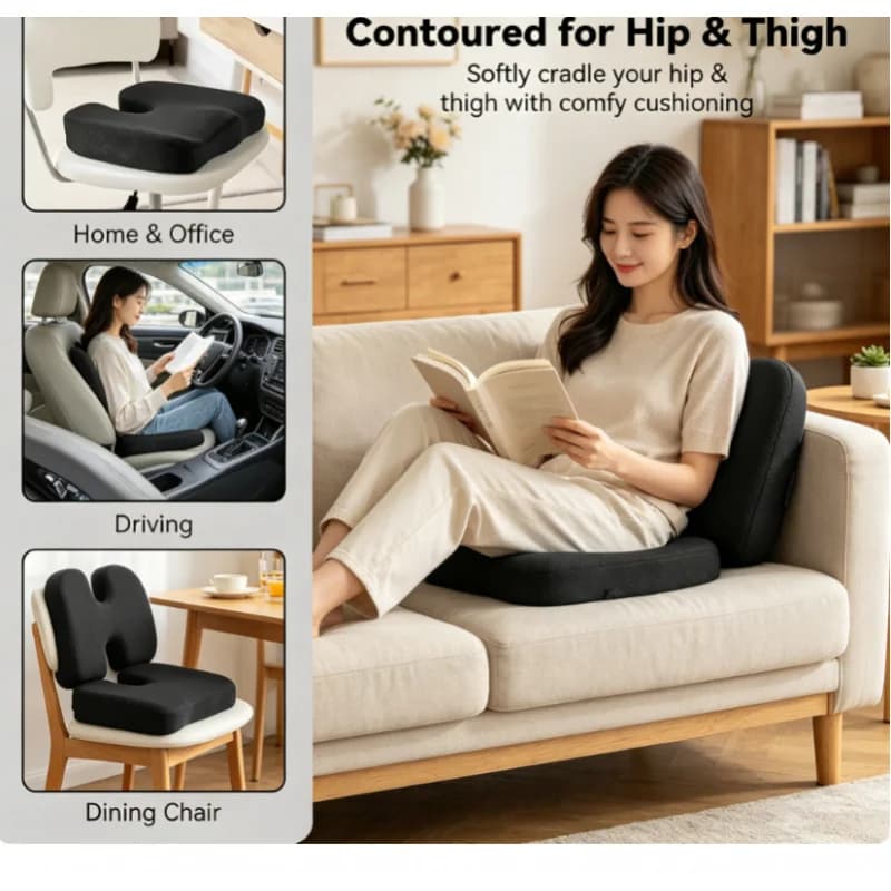 Memory Foam Chair Cushion – Ergonomic Back & Hip Support, Non-Slip Base for Office, Car & Desk Use