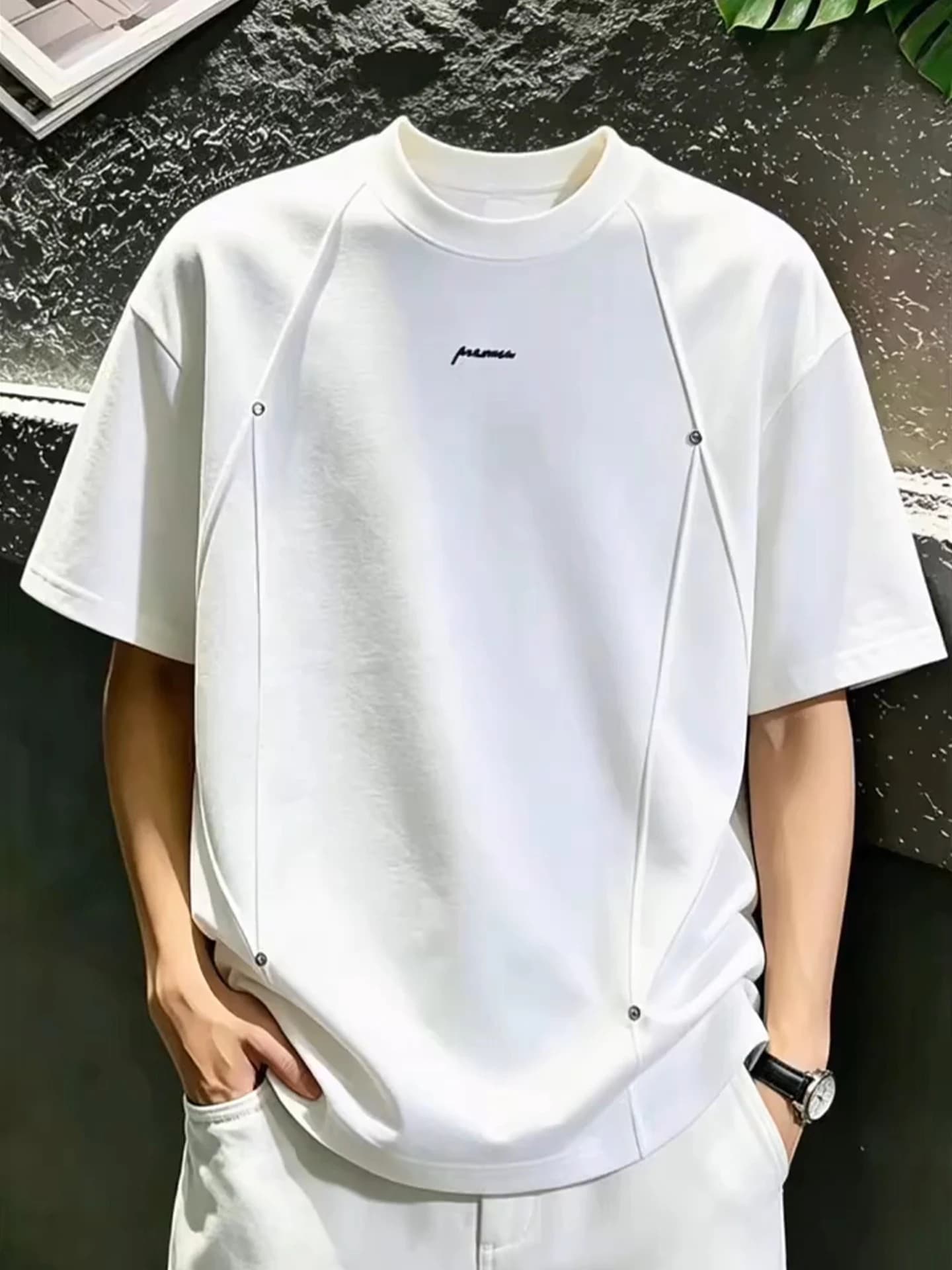 American Style Heavy Duty Rivet T-Shirt Men's Summer Boxy Deconstructed Hard Shoulder Short Sleeve High End Feeling Handsome ...