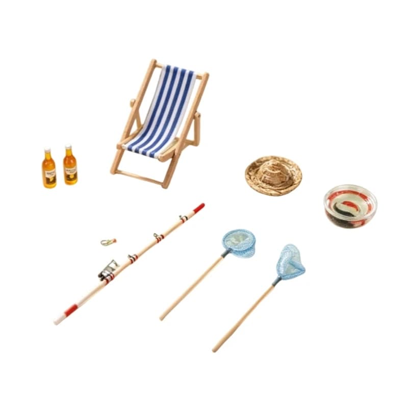92MF Miniature 1:12 Scale Fishing Scene Set with Chair, Net and Mini Fish Tanks