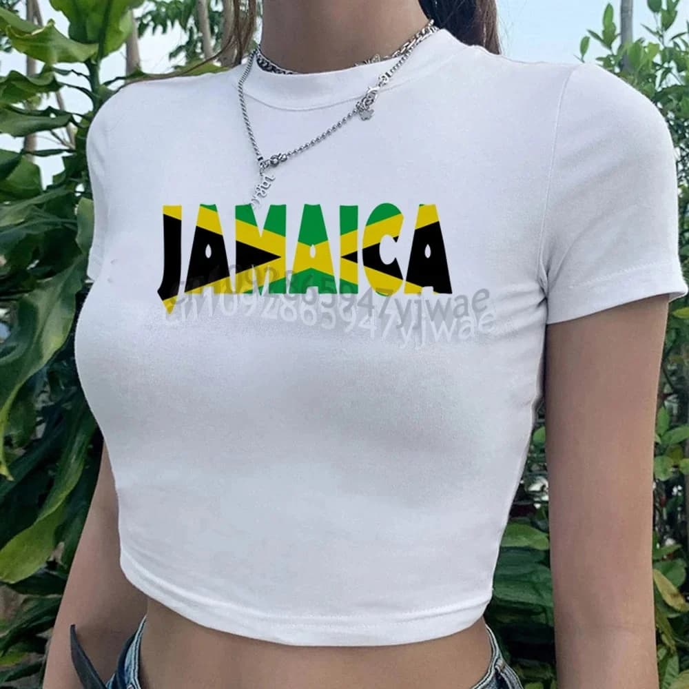 T-shirt Crop Top Donna Estivo 2026 Sexy Y2K con Stampa Bandiera Giamaicana, Girocollo, Manica Corta, Casual, Basic