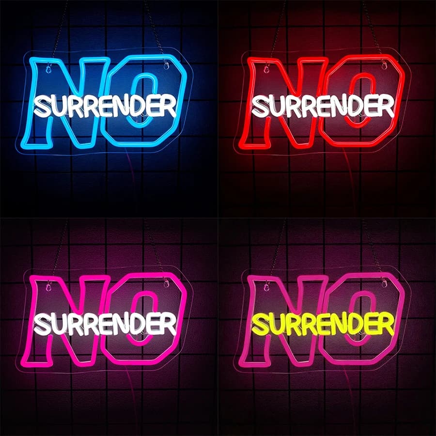 Insegna al neon a LED No Surrender, decorazione da parete con lettere, utilizzabile per camera da letto, bar, ufficio, studio, biblioteca, aula, palestra, lampada da parete artistica.