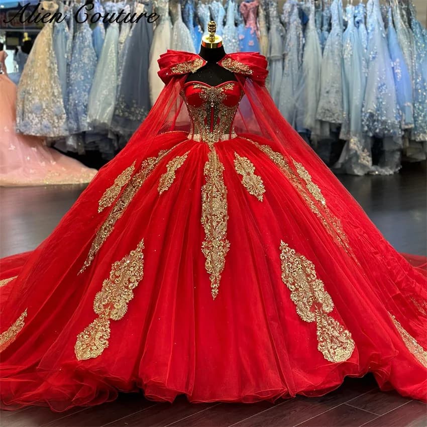 Abito rosso di lusso Quinceanera Abito da festa di compleanno Appliques Diamanti Abiti da ragazza dolce 15 anni con mantello staccabile Personalizza