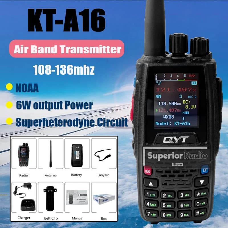 QYT KT-A16 Walkie Talkie Trasmettitore banda aerea VHF 108-136 MHz 6 W NOAA Circuito supereterodina Radio portatili per aviazione a lungo raggio