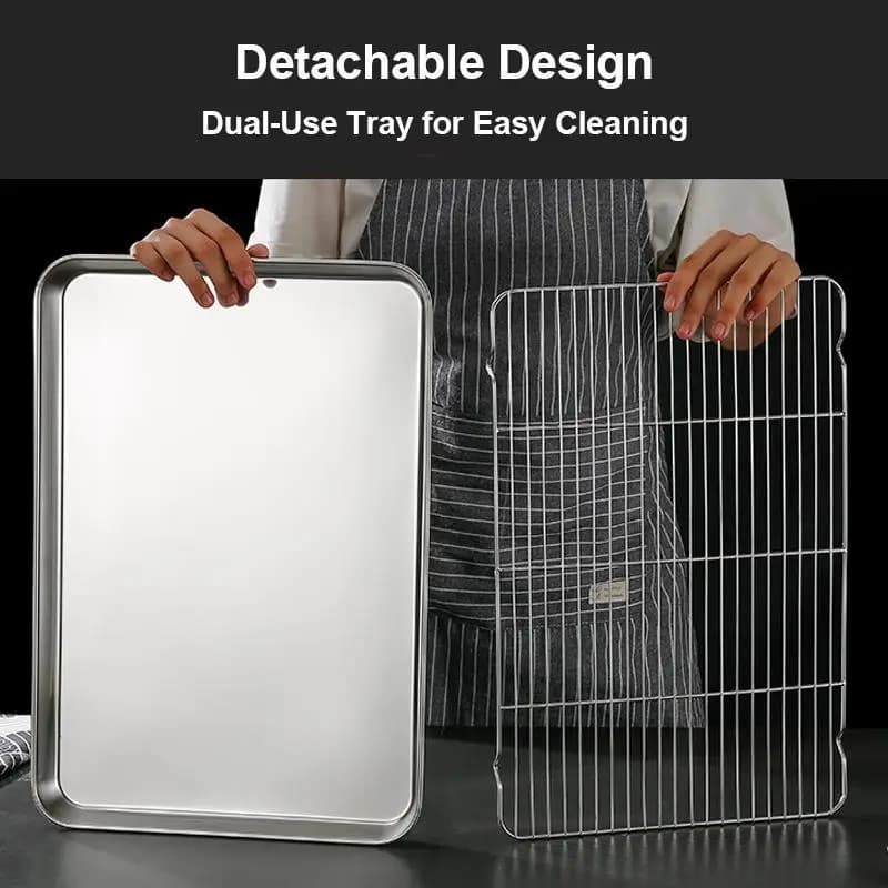 1Pc Stainless Steel Baking Tray With Removable Cooling Rack Set Non-stickBBQ Pan Tray Plate Oven Rack Cooking Roasting Dish..