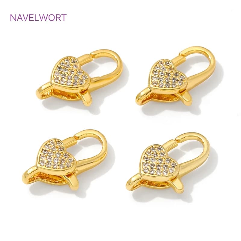 Chiusure a moschettone a forma di cuore con zirconi intarsiati placcati in oro 18 carati, connettori per gioielli, chiusura per bracciale, accessori per la creazione di gioielli fai da te