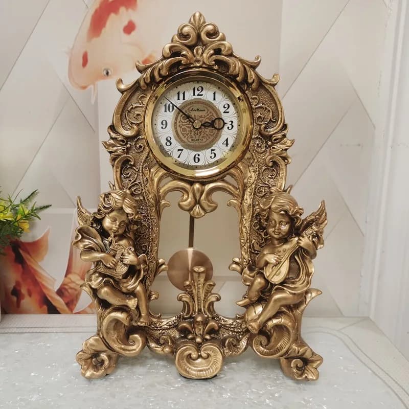 Orologio da scrivania artigianale Orologio da scrivania da tavolo Soggiorno Orologio a pendolo con angelo di lusso Sala studio Camera da letto fortunata