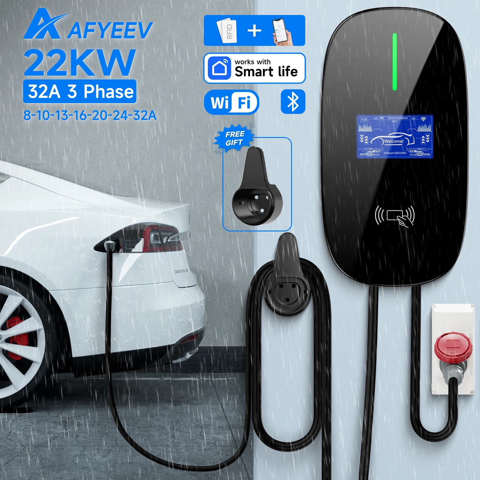 AFYEEV 22KW Stazione di ricarica EV trifase Type2 EV 32A 7.6KW 11KW Caricatore per veicoli elettrici EVSE Wallbox APP WiFi Telecomando